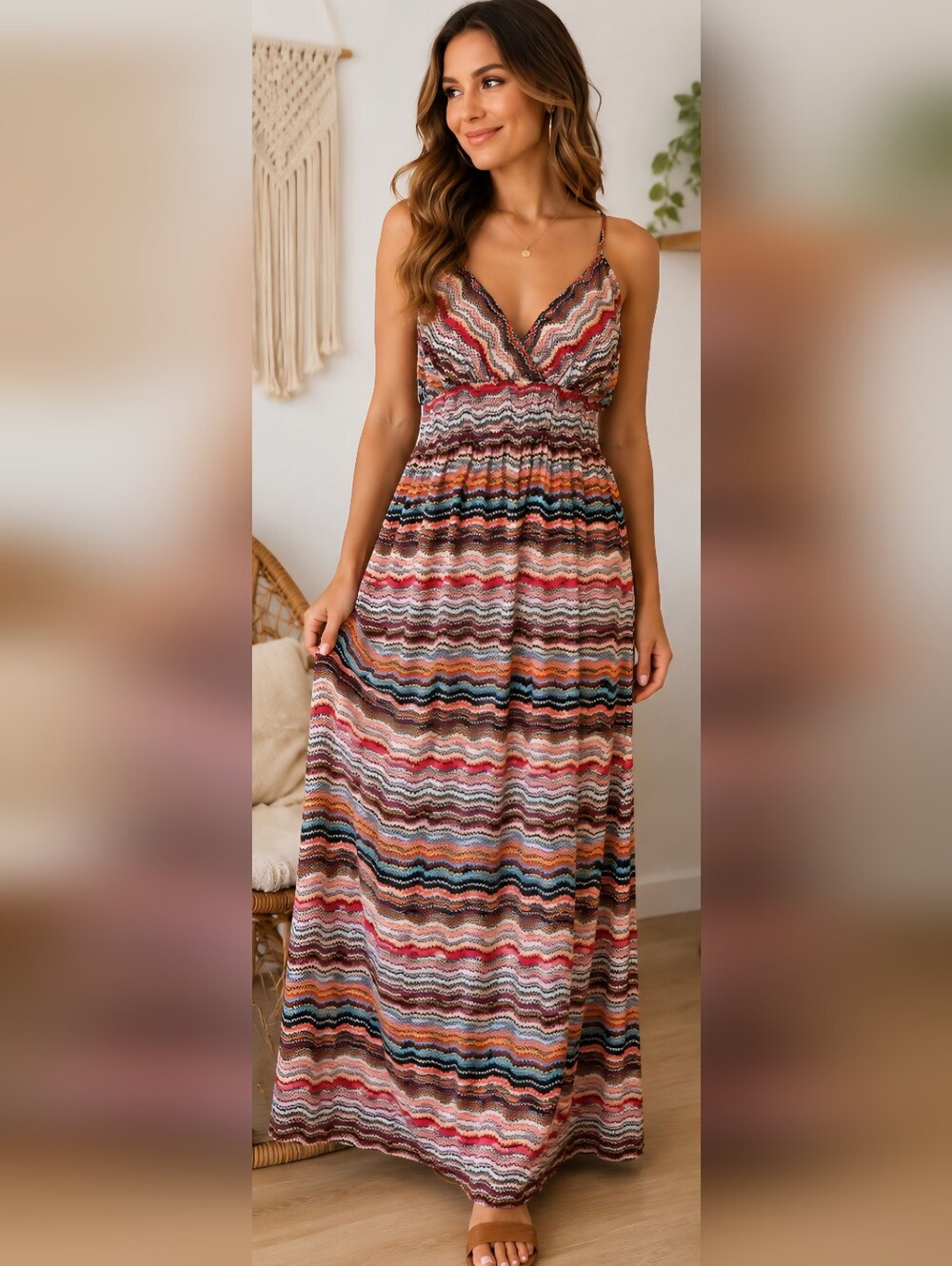 She’s Cool Boho Zigzag Maxi Dress XL Adjustable Strap Stretchy Lined Dress